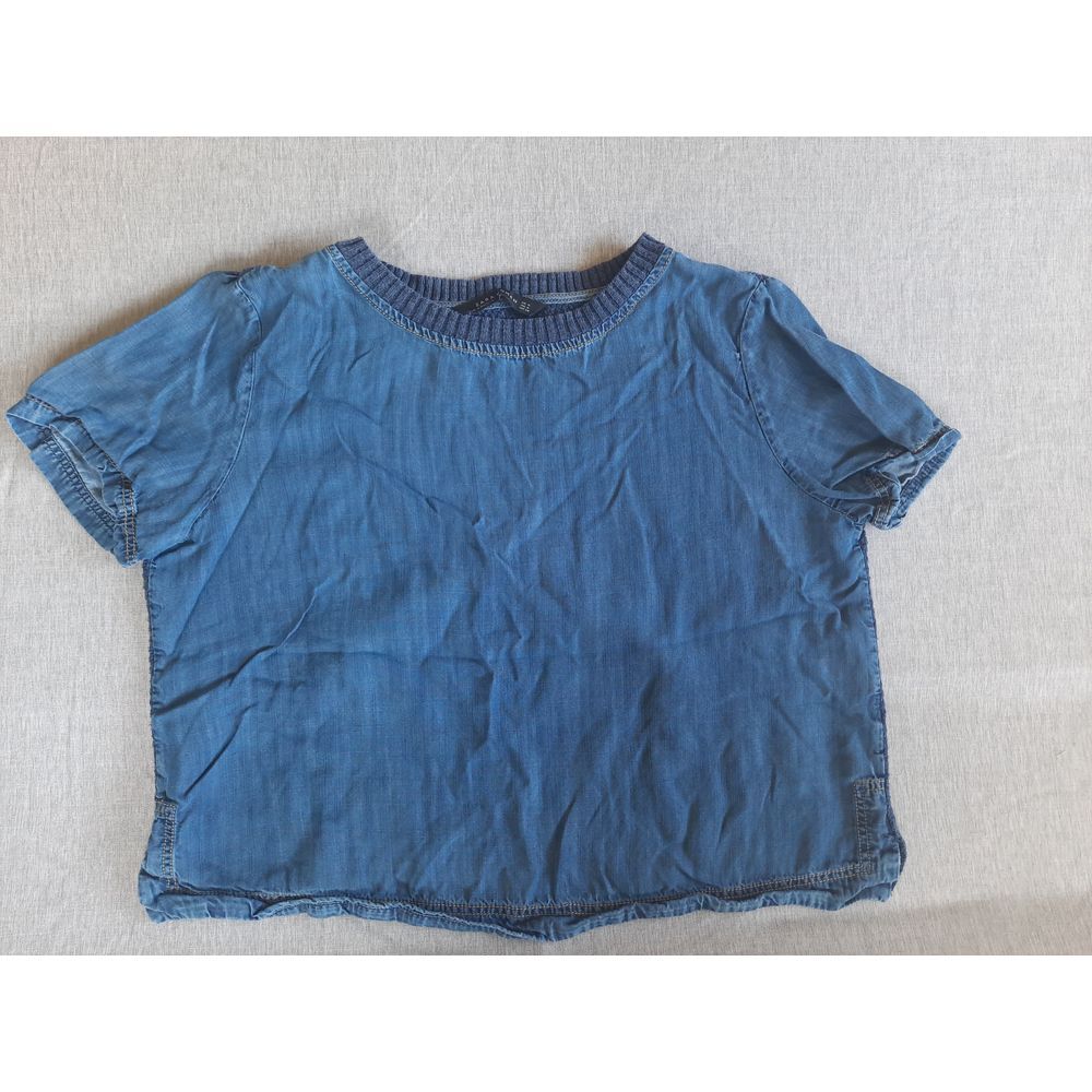 Zara Women Medium Chambray Knit Double Side Pullover Top Blouse Blue Round Neck
